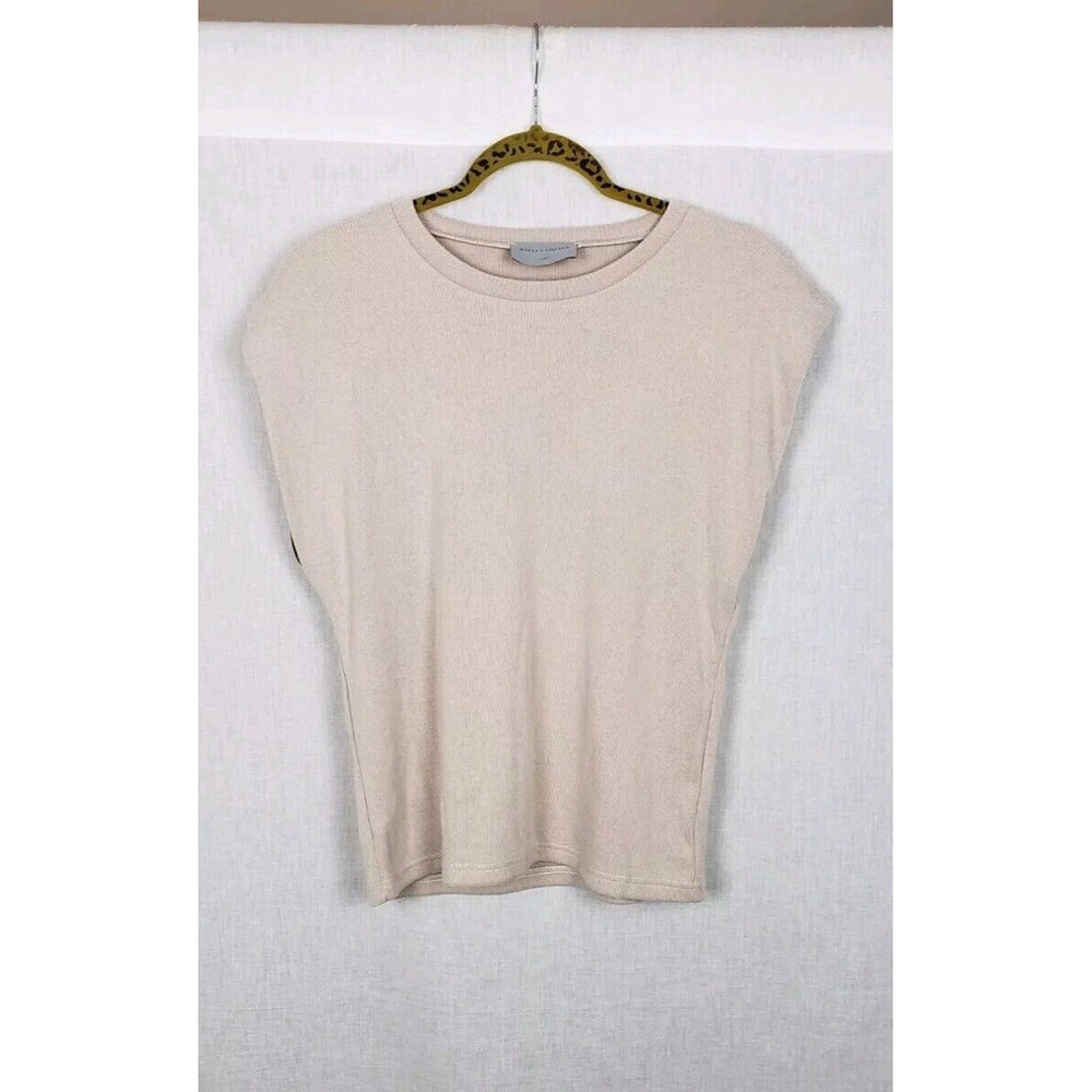 MODERN CITIZEN Blouse Top Large Cap Shoulder Pad Sleeves Ribbed Beige Minimalist